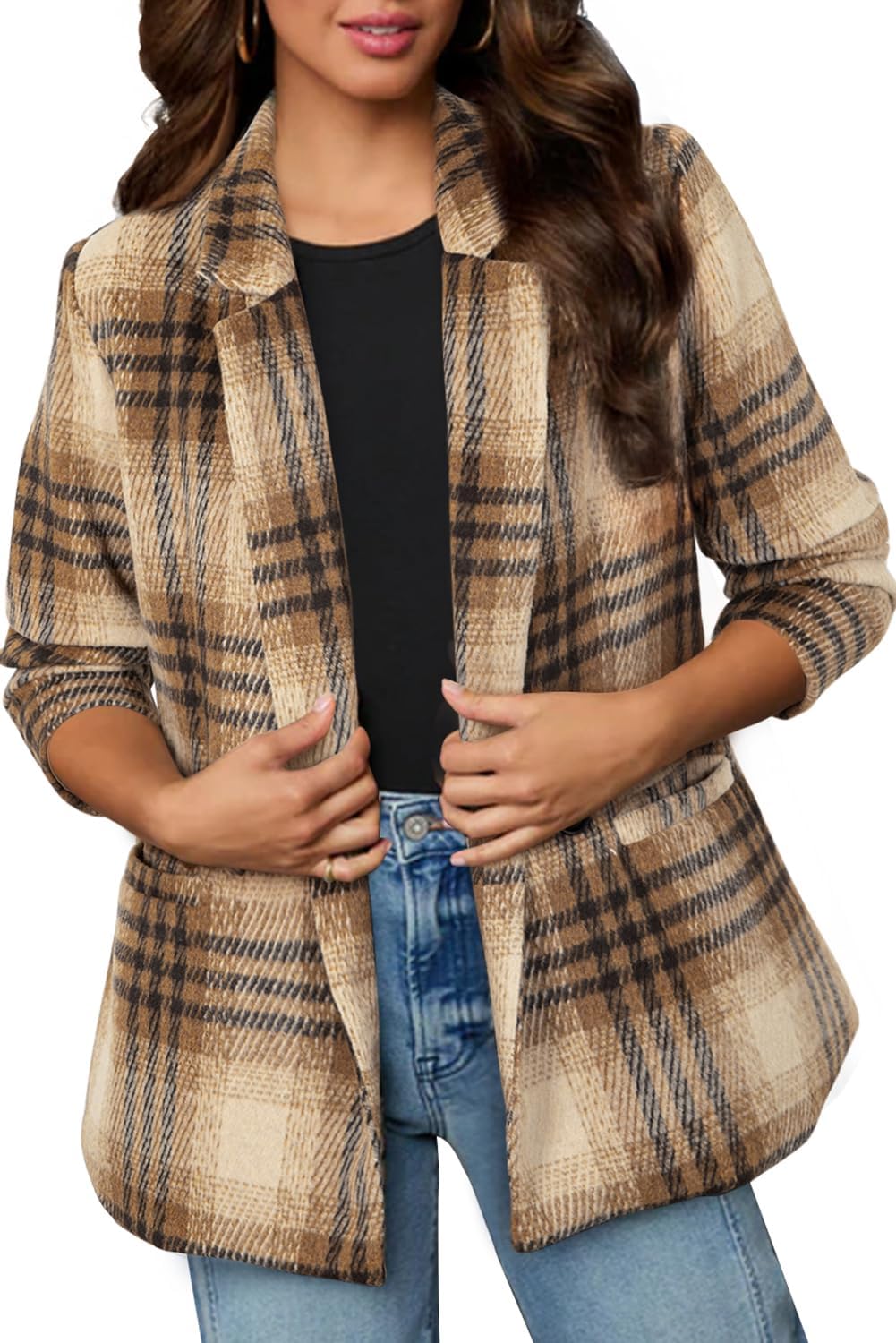 Happy Sailed Women’s Plaid Blazer Classic Lapel Collar Double Breasted Open Front Blazers Jackets Work Suit with Pockets - Image 2