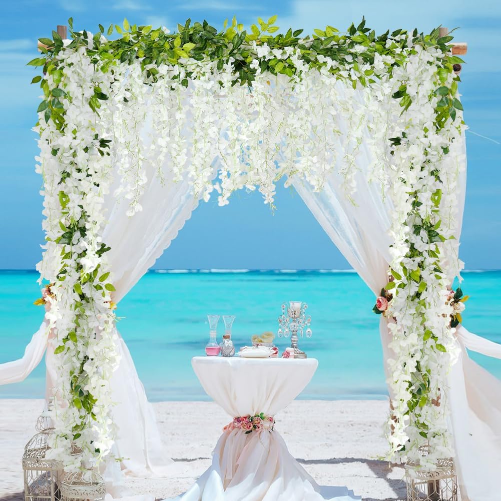 4Pcs Wisteria Artificial Flower Garland 6.9Ft White Wisteria Vine Silk Hanging Flowers Fake Rattan Floral Decor for Garden Outdoor Ceremony Wedding Arch Decoration Party Backdrop, Total 27.6Ft, White
