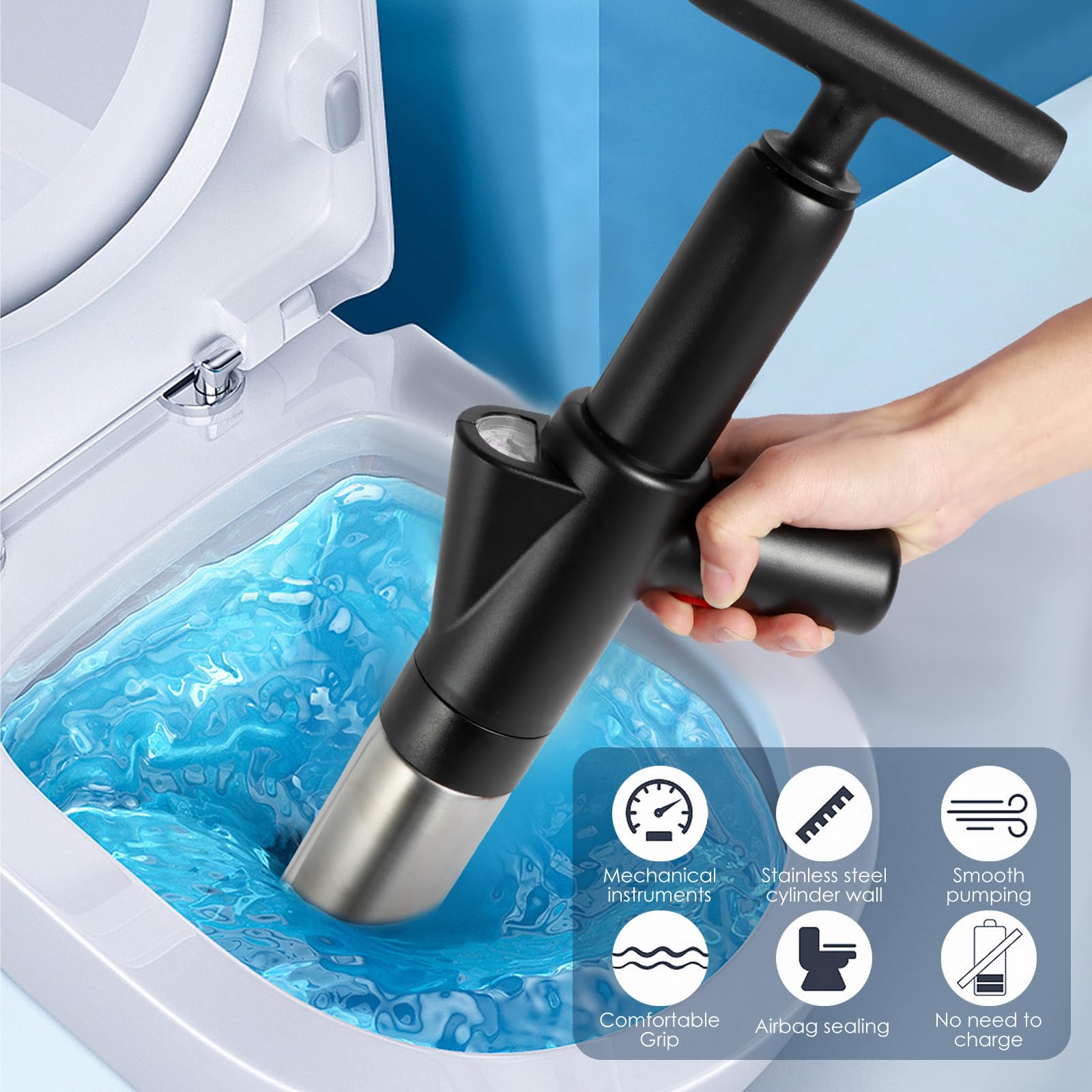 High Pressure Air Drain Blaster with Real Time Barometer, Toilet Plunger with 3 Plunger Head, Drain Clog Remover Tool, Plumbing Tools, Plunger for Bathtub Floor Drain Kitchen Sink Washbasin (black)