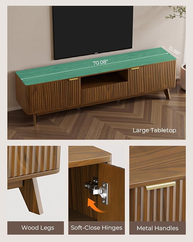 70 Inch Fluted TV Stand with Storage for Living Room, Walnut image 6