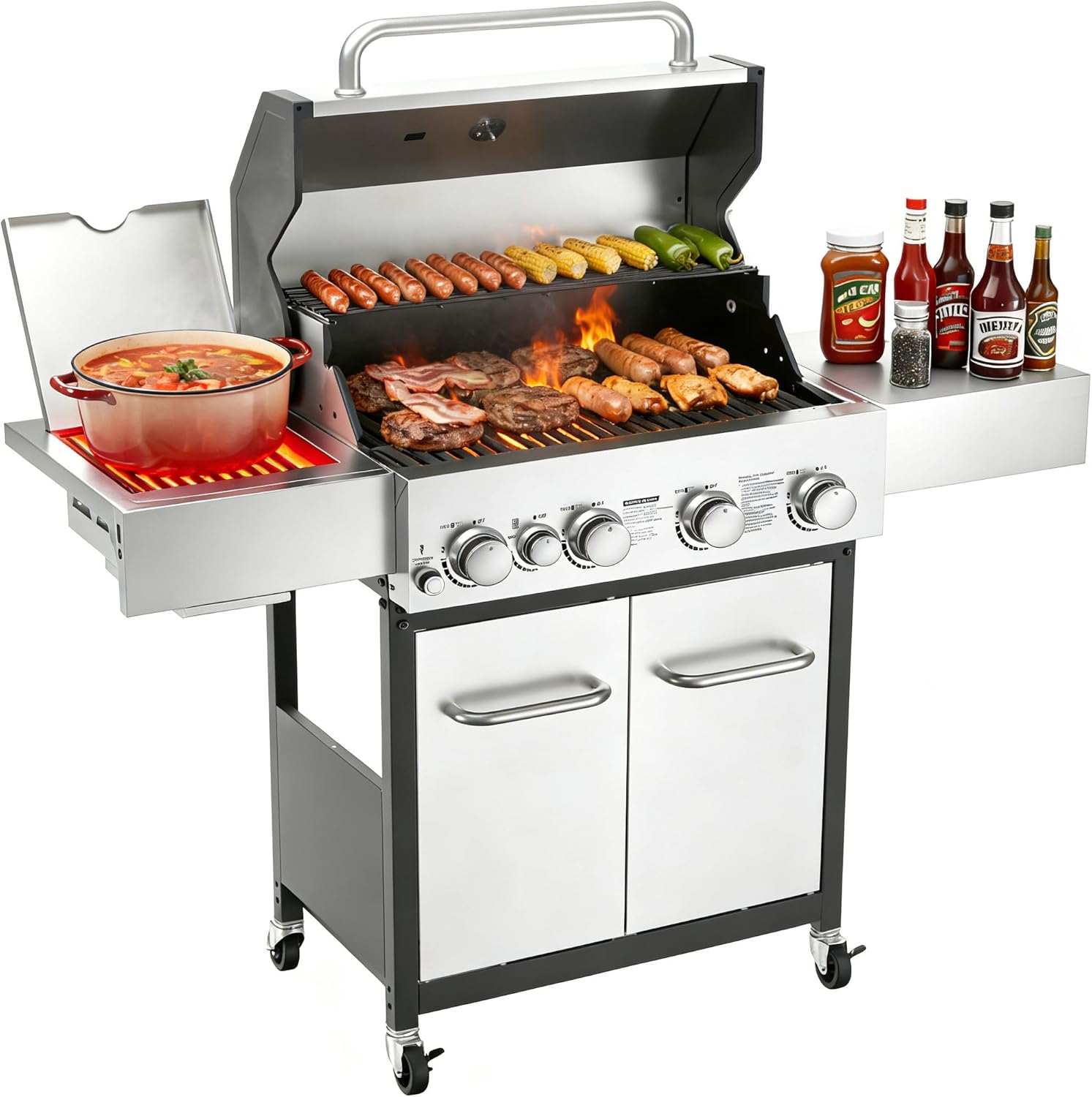 Veralune 4 Burner Gas Grill with Side Burner, 4 Burner Outdoor Cooking Grill with Infrared Side Burner, Outdoor BBQ Grill with Oil Tray, Built-in Thermometer, Enameled Cast Iron Grates, 55,000 BTU