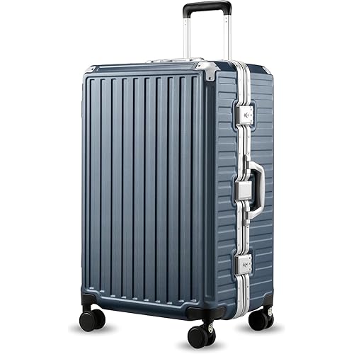 LUGGEX Checked Suitcase with Spinner Wheels, 28 Inch Aluminum Frame Zipperless Polycarbonate Hard Shell Suitcase, Blue