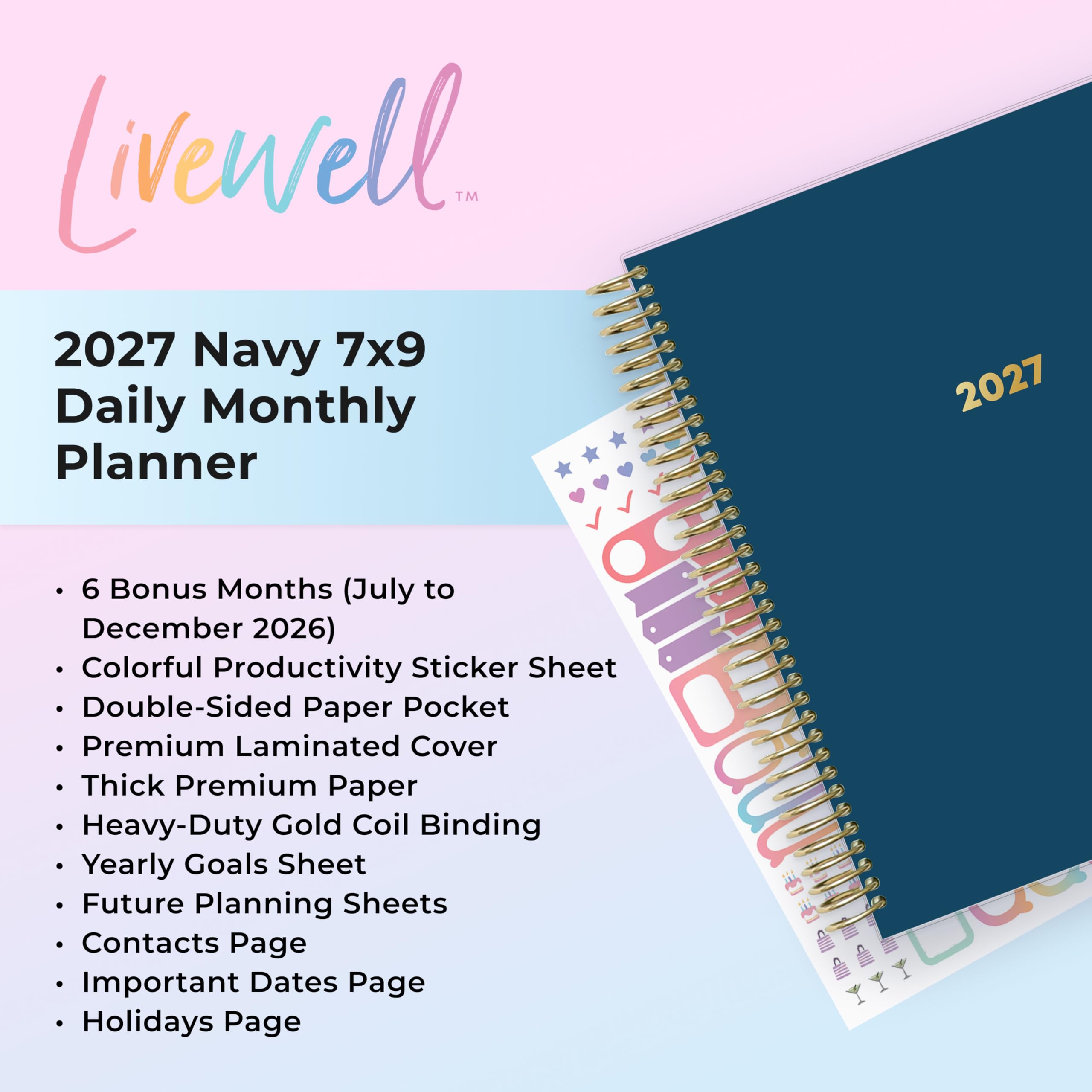 Blue Sky Livewell - Agenda diaria y mensual 2027, enero de 2027 a diciembre de 2027, 7 x 9 pulgadas, cubierta flexible, encuadernación duradera de doble alambre, páginas coloridas, bolsillo de