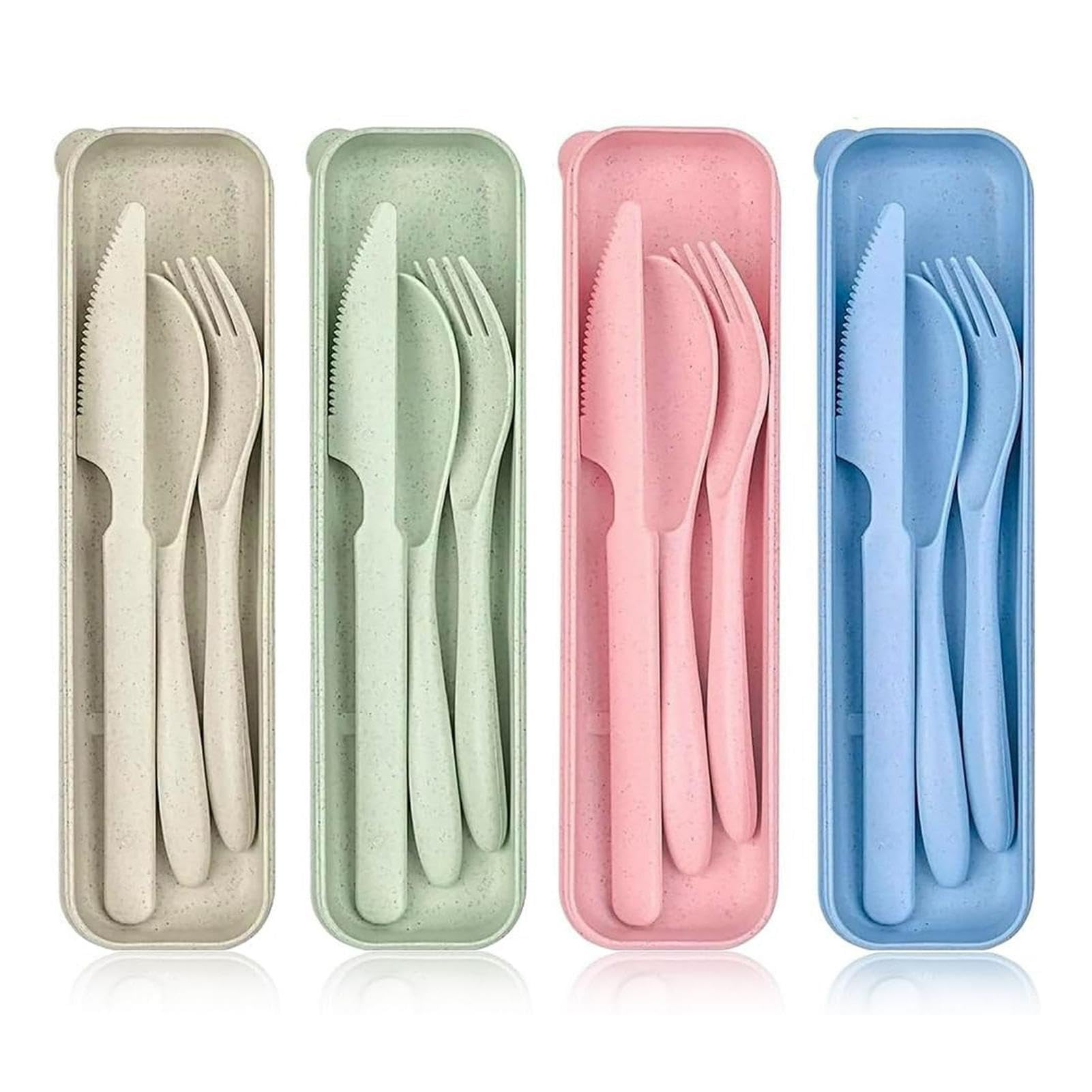 Marnovest 4 Pack Plastic Travel Cutlery Set with Case, Reusable Portable Fork Knife Spoon, Utensil Set for Camping, Lunch Box, Picnic, School and Office