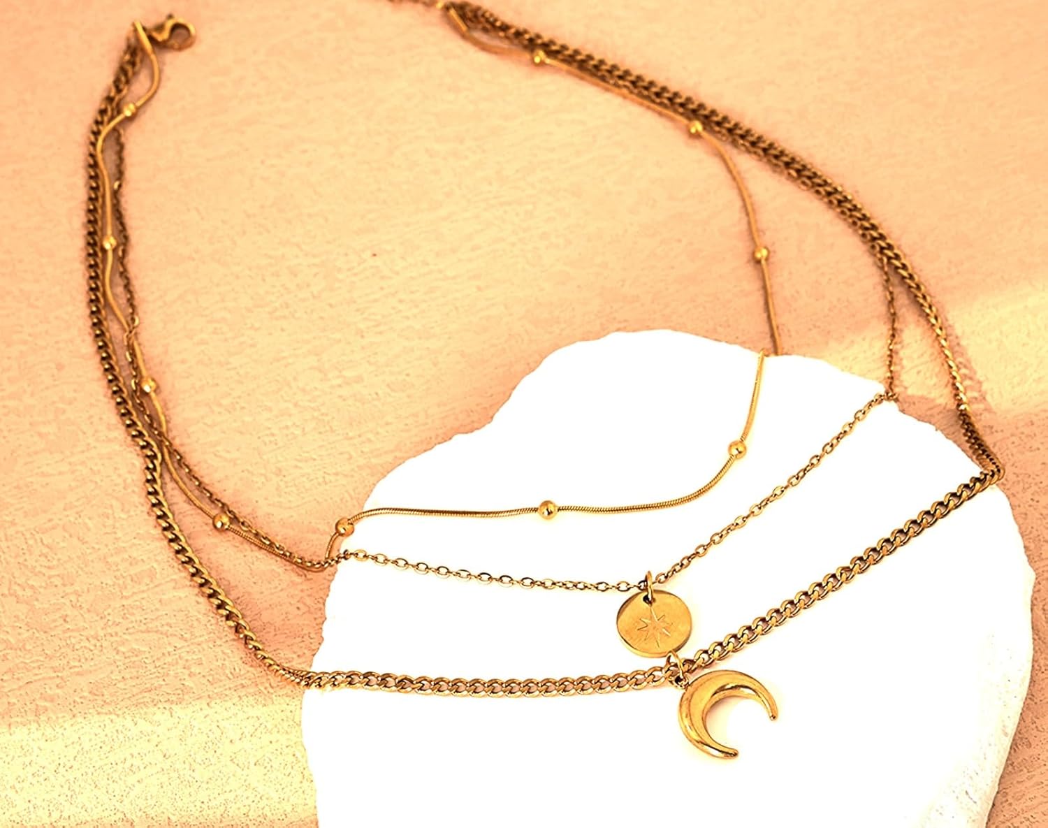 KROSS KULTURE 18K Gold Plated Crescent Moon & Compass Multi Layered Trendy Fashion Necklaces and Pendants Adjustable Dainty Strand Stack Hypoallergenic Waterproof Stainless Steel Non Tarnish Skin Friendly Jewelry Gift for Her Girls & Women