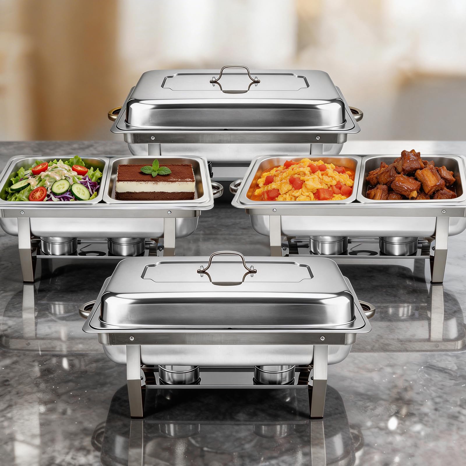 Chafing Dish Buffetwärmer, 9L Edelstahl Speisenwärmer mit 4X 1/2 GN-Behälter, Warmhaltebehälter für Catering, Buffet und Party
