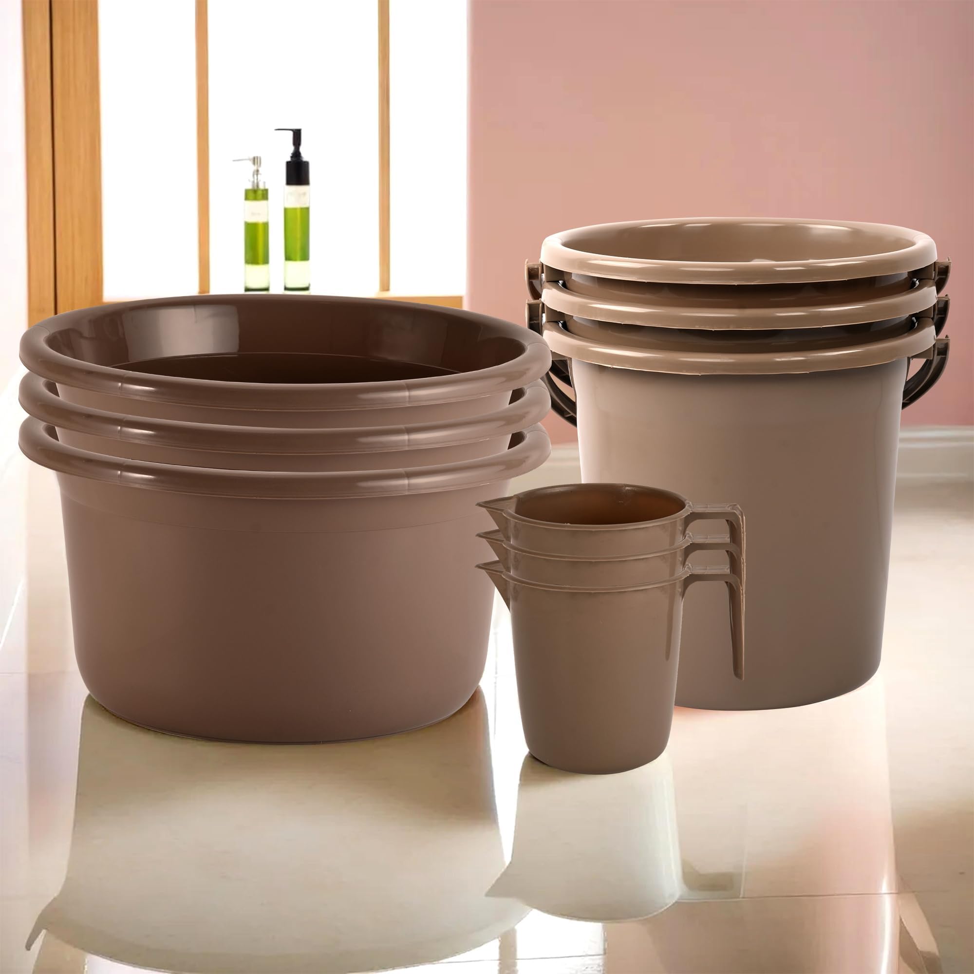 Set of 9 Bathroom Combo Set | Bathware Set | Bathing Set | 3 Piece Tub-3 Piece Bucket & 3 Piece Mug Combo Set for Bathroom | Bathroom Accessories Set | Brown