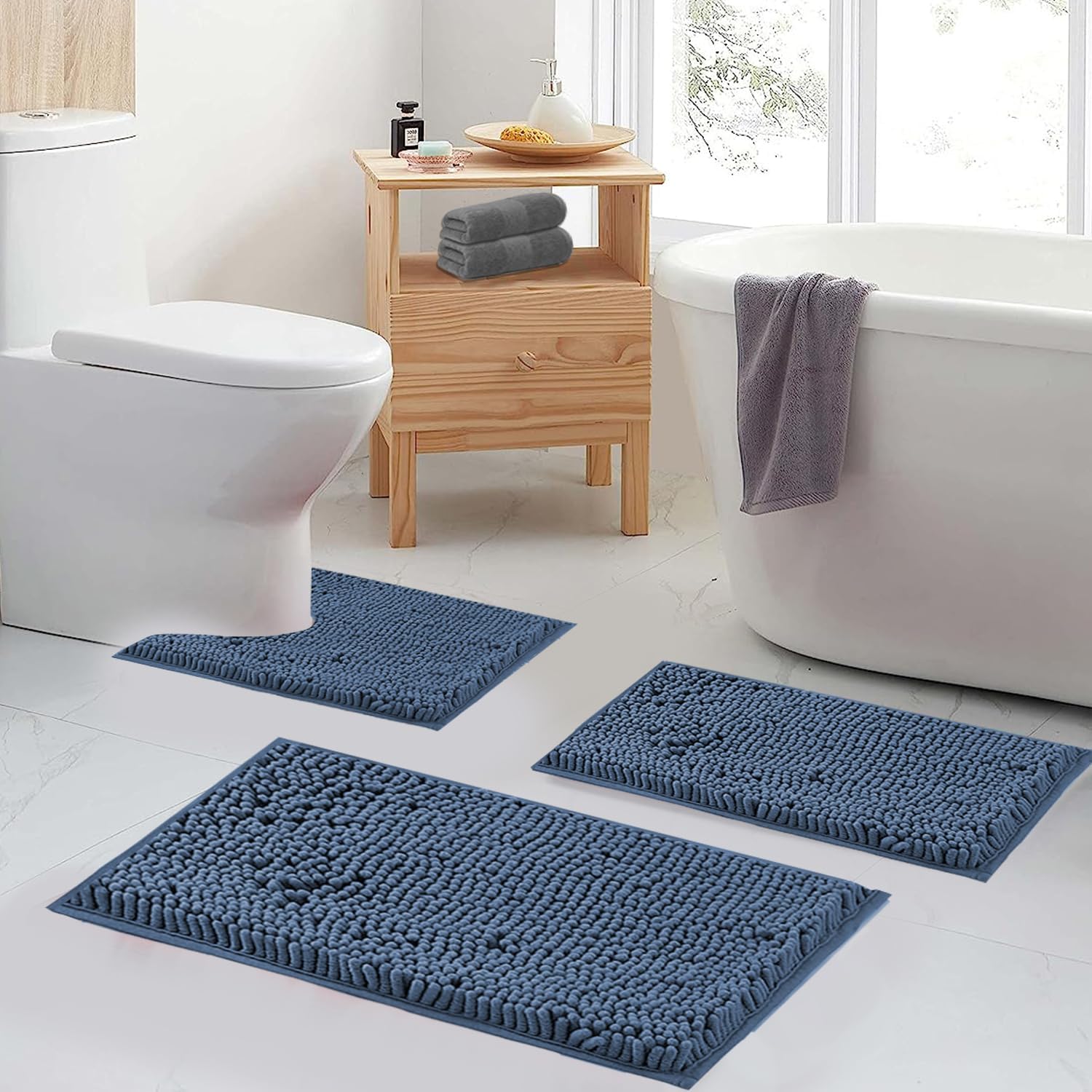 Blue Bathroom Rugs Chenille Bath Mats Set 2 Piece Extra Soft and Absorbent Shaggy Rugs, Machine Wash and Dry, Perfect Plush Bath Mats for Tub, Shower, Bathroom Decor, Washable Carpets Set - Image 2