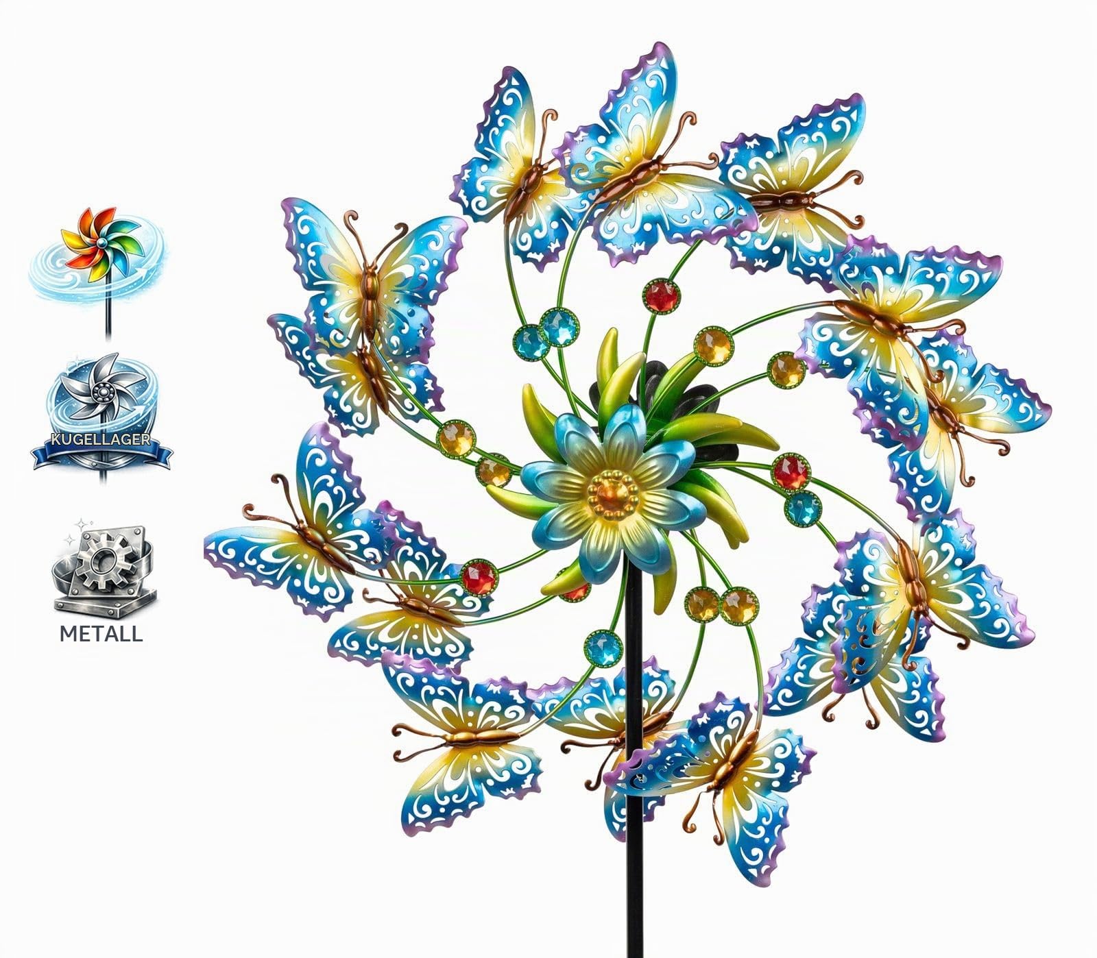 formano Windrad Schmetterlinge Garten Metall bunt kugelgelagert Windspiel Ø 47 cm / 131 cm mit Acryl-Steinen & Erdspieß | Wetterfeste Gartendeko für Beet, Rasen & Terrasse | Vogelabwehr