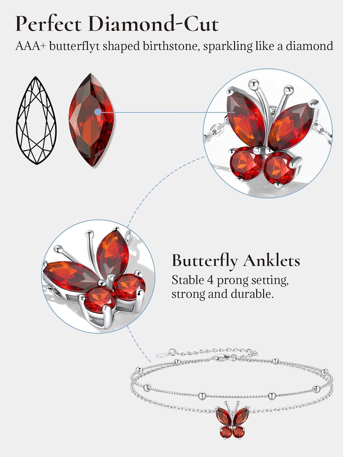 SILVERCUTE Silver Anklets for Women Cute Butterfly Jewelry 925 Sterling Silver Anklets Waterproof Summer Beach Foot Bracelet January to December Birthstone Anklet 22-27cm