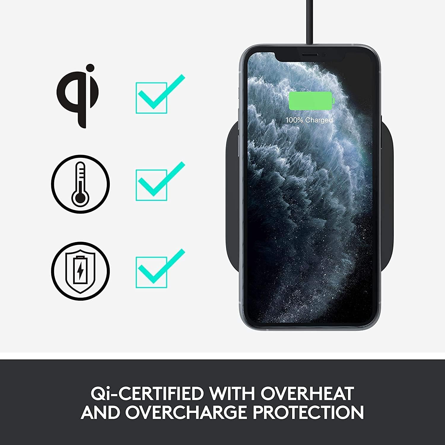 Logitech Powered 10W Wireless Charging Pad Sage for iPhone 12 Pro Max/12 Pro/12/12 mini/SE/11 Pro Max/11 Pro/11/XS Max/XS/X, Samsung Galaxy S10/S10e/S10+, Google Pixel 4/4XL, Airpods, and More