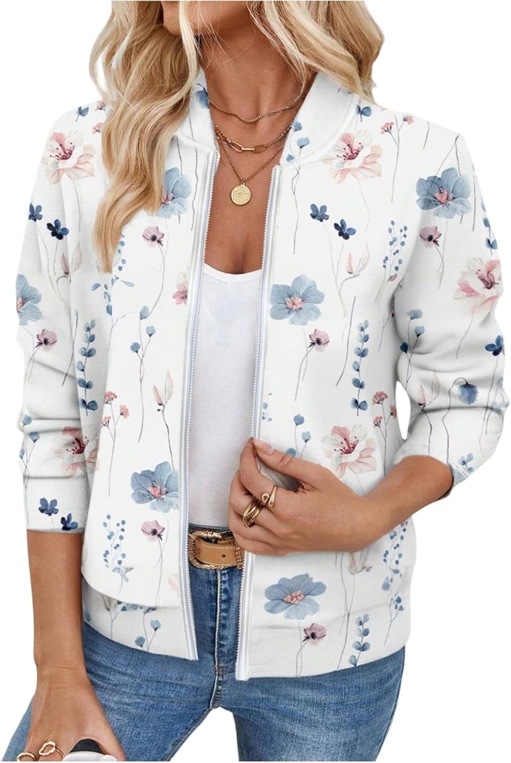 OYOANGLE Women's Floral Zip Up Jacket Long Sleeve Baseball Collar Jacket Outerwear