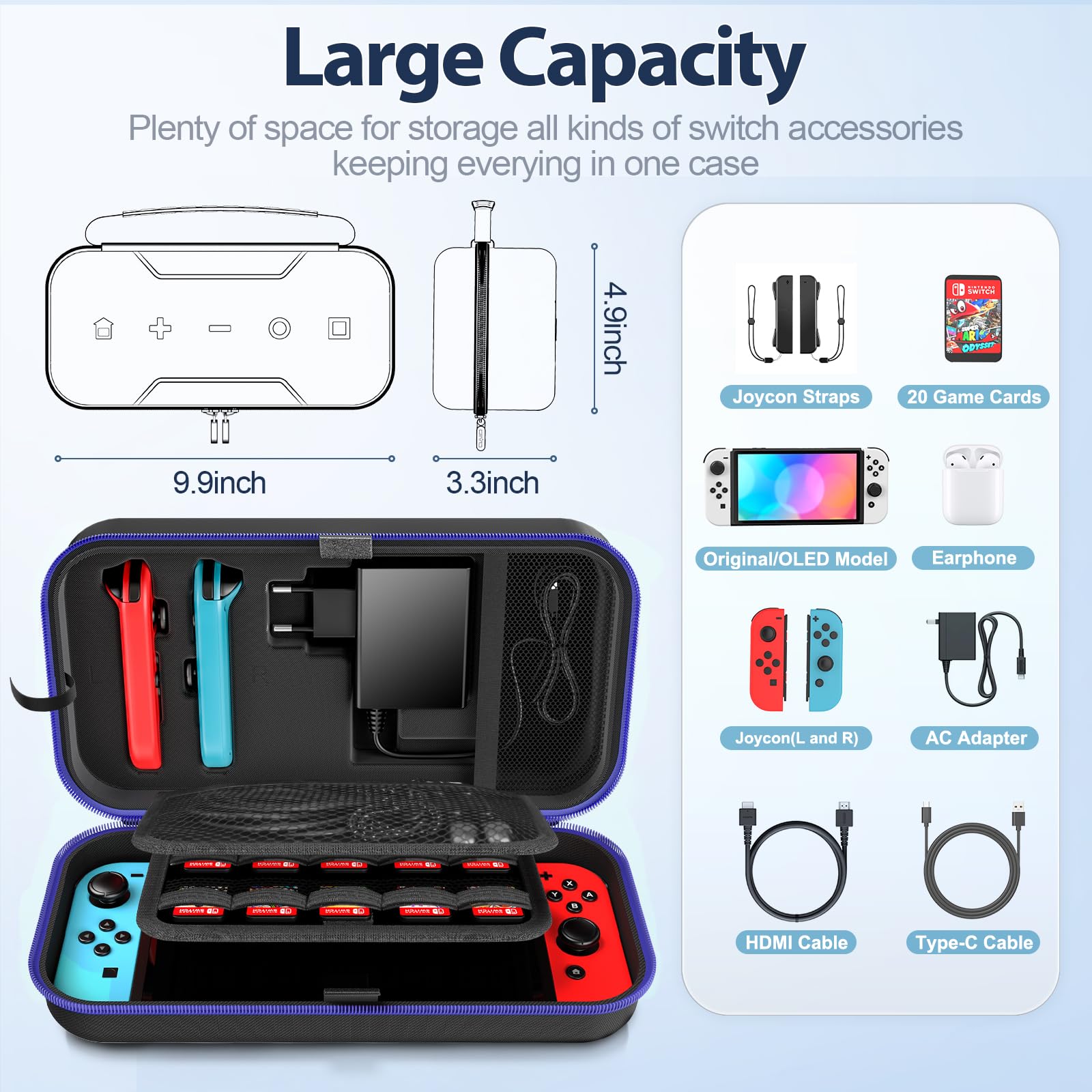 OIVO Schutzhülle für Nintendo Switch und OLED, Harte Reisetasche für Nintendo Switch Zubehör und Konsole, Tragetasche Switch mit 20 Spielpatronen - 3