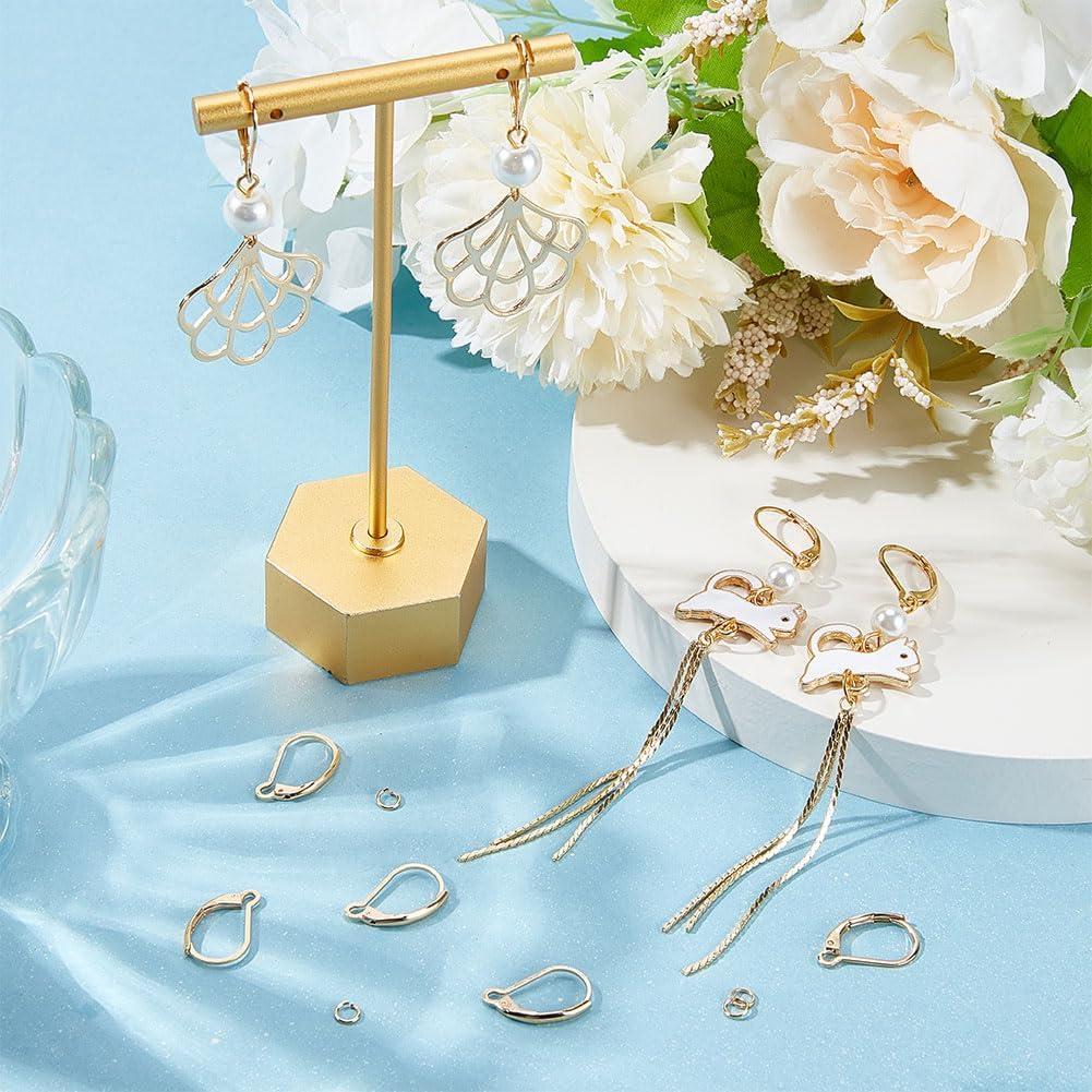 Beebeecraft 1 Box 20Pcs Leverback Earring Findings 24K Gold Plated Brass Earring Hooks Clasp 16.5x10mm Ear Wire Clip with 20Pcs Open Jump Rings for DIY Jewelry Making