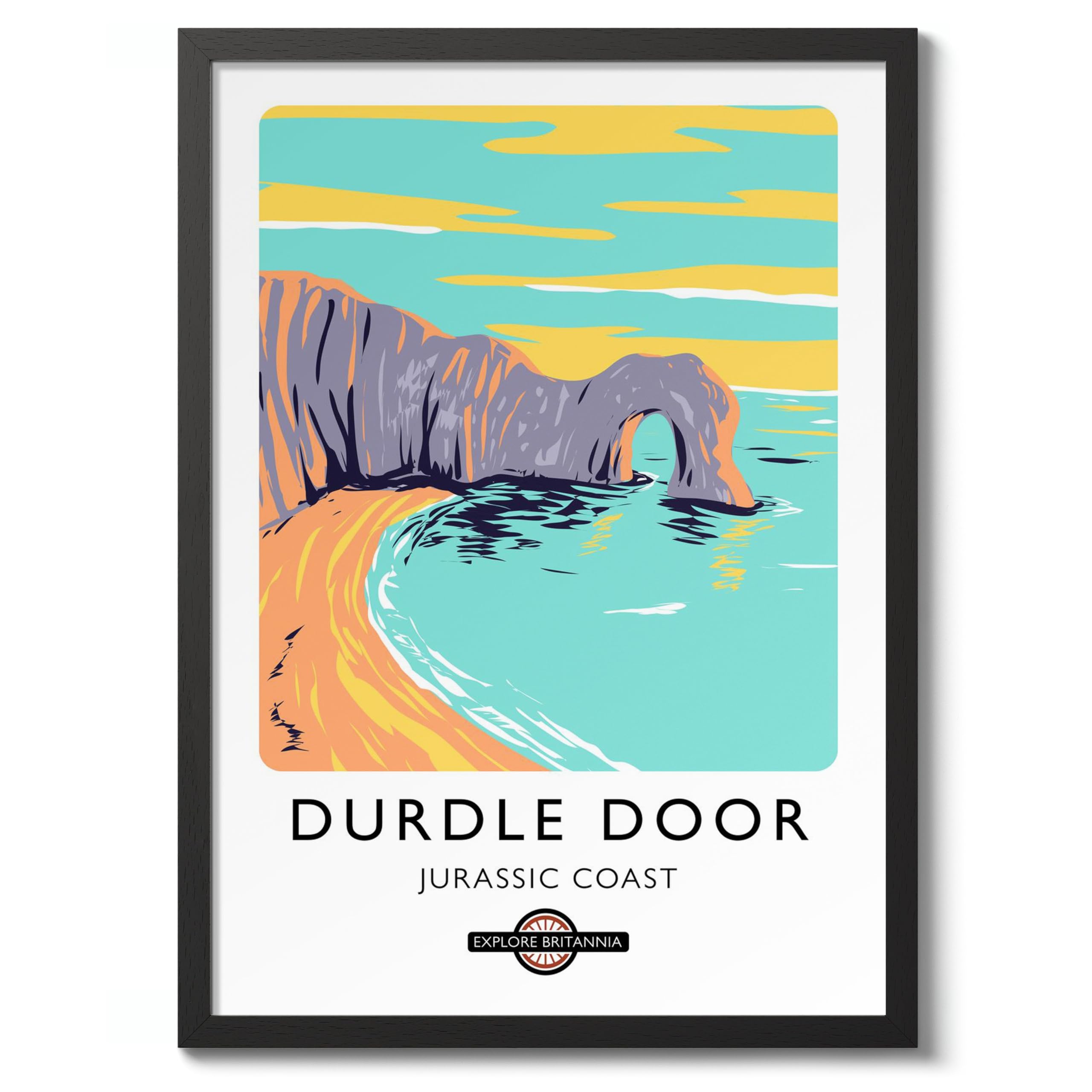 Durdle Door, Jurassic Coast England Travel Poster, Explore Britain Modern Illustration Destination Print, Modern British UK Living Room Decor, A2 (Black Frame) - 62.5x45.1cm — image 1