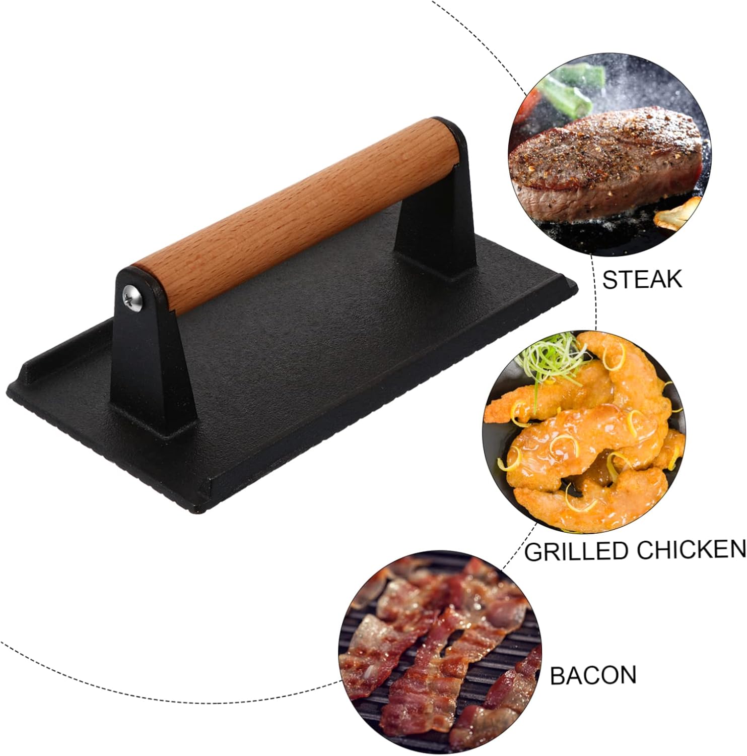 VICASKY 1pc Practical Cast Burger Press Handle for Grilling Heavy-Duty Meat Board for Steak Bacon and Pancakes for Outdoor Cooking and BBQ
