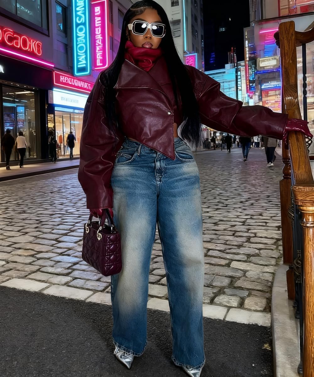 Glitrandi Cropped Faux Leather Jacket Women Trendy Streetwear Fashion Top Coat - Image 6