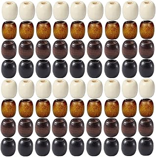 200Pcs Large Hole Barrel Wood European Loose Beads 4 Colors Natural Wooden Dreadlock Hair Braid Beads for Hair Braids Jewelry Bracelet Necklace Making 16x16-17mm