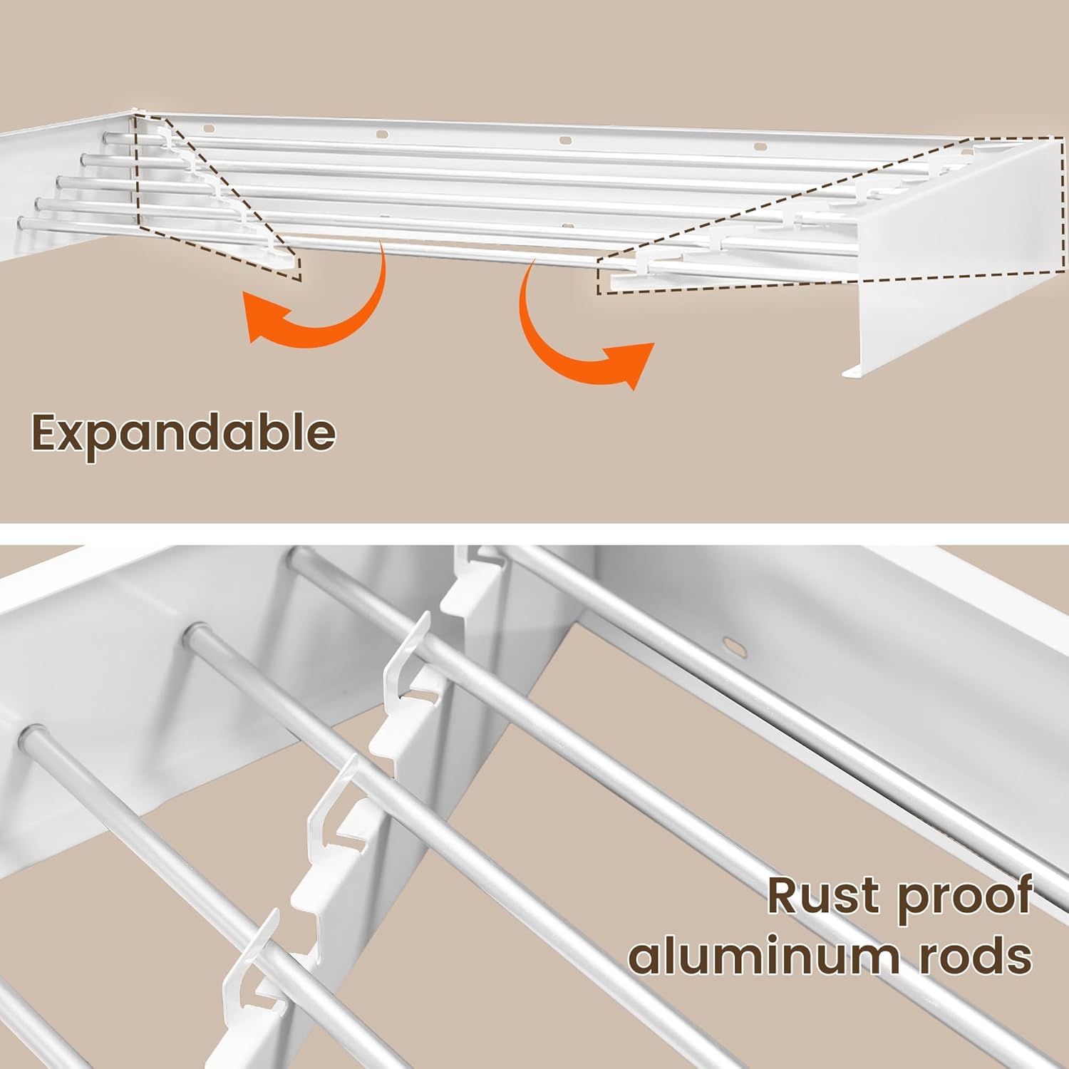 Wall Mounted Clothes Drying Rack, Foldable Laundry Rack Set of 2, 40 inch extendable Indoor and Outdoor Clothes Rack, Expandable with 5 Poles, Capacity of 60 pounds, White