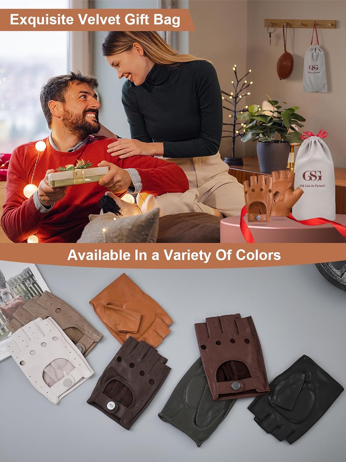 GSG Men Fingerless Gloves Driving Leather Cycling Half Finger Motorcycle Unlined Gloves for Cycling - Image 7