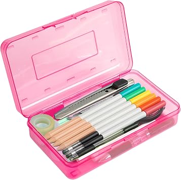 Pink Clear Large Plastic Hard Pencil Box Case for Girls Boys, Crayon Box for School Supplies and Office Supplies