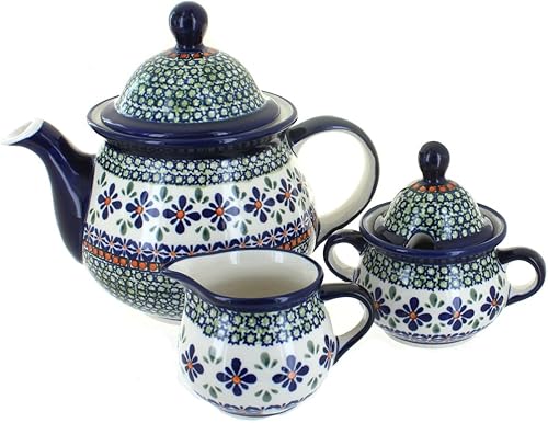 Juego de té de tres piezas de flores de mosaico de cerámica polaca de rosa azul