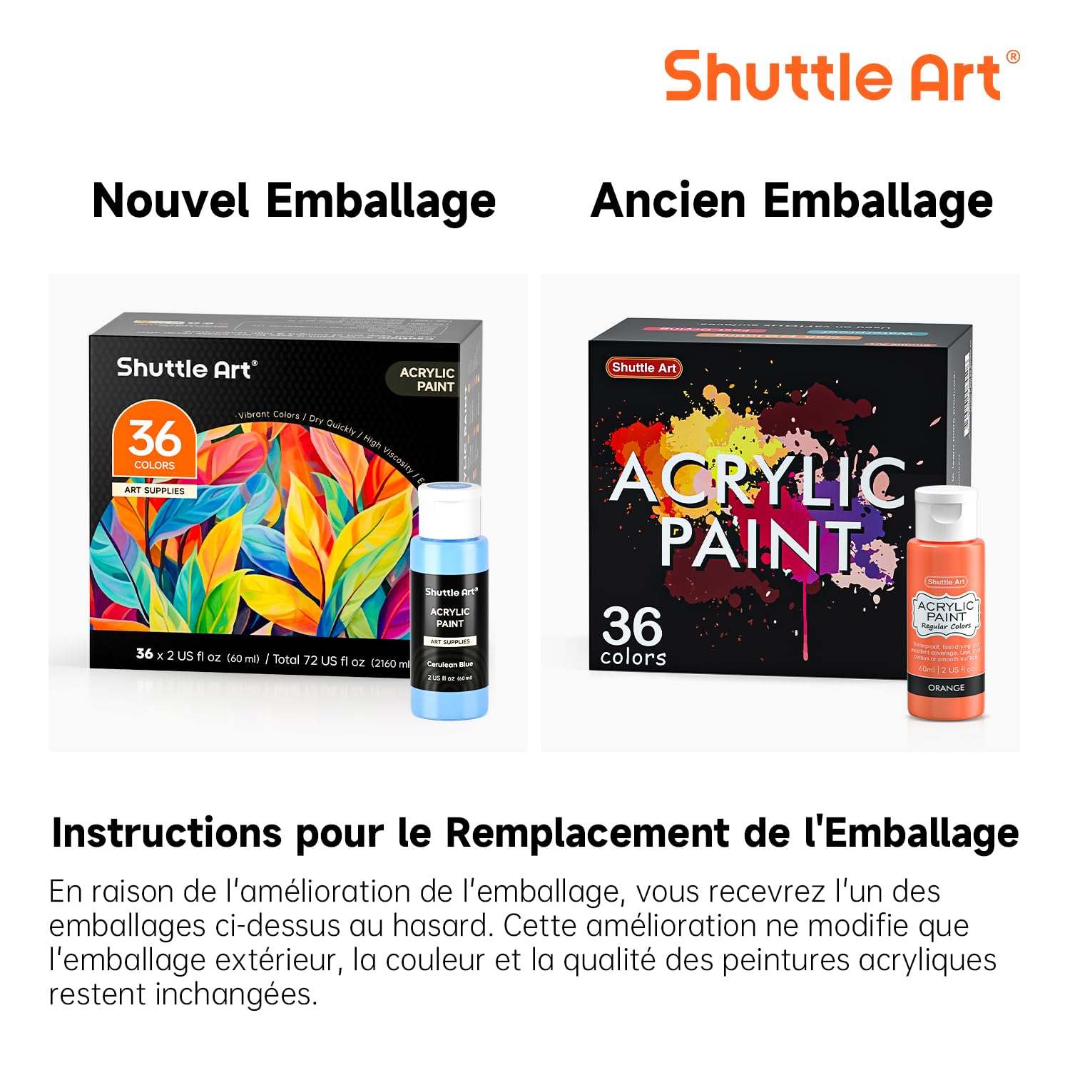 Shuttle Art Peinture Acrylique, 36 Couleurs (60ml) Kit Peinture Acrylique avec 12 Pinceaux 1 Palette, Riche Pigmentée, Non Toxique pour Artiste Débutant Adulte Enfant sur Toile Tissu