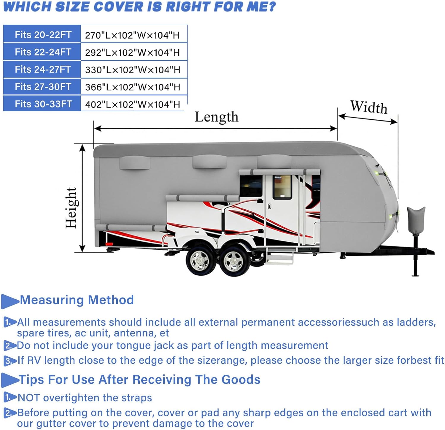 Travel Trailer RV Cover, Upgraded 8 Layers Top Travel Trailer Cover Fits 24 to 27 Feet RV, Waterproof Camper Cover with 4 Tire Cover & Tongue Jack Cover Extra Windproof Ropes, Gutter Covers