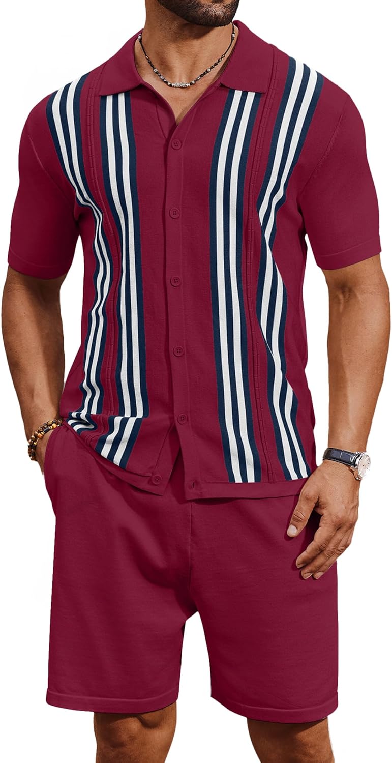 COOFANDY Men's 2 Piece Outfits Summer Short Sets Vintage Knit Button Down Shirt Short Sleeve Polo Casual Beach Suits