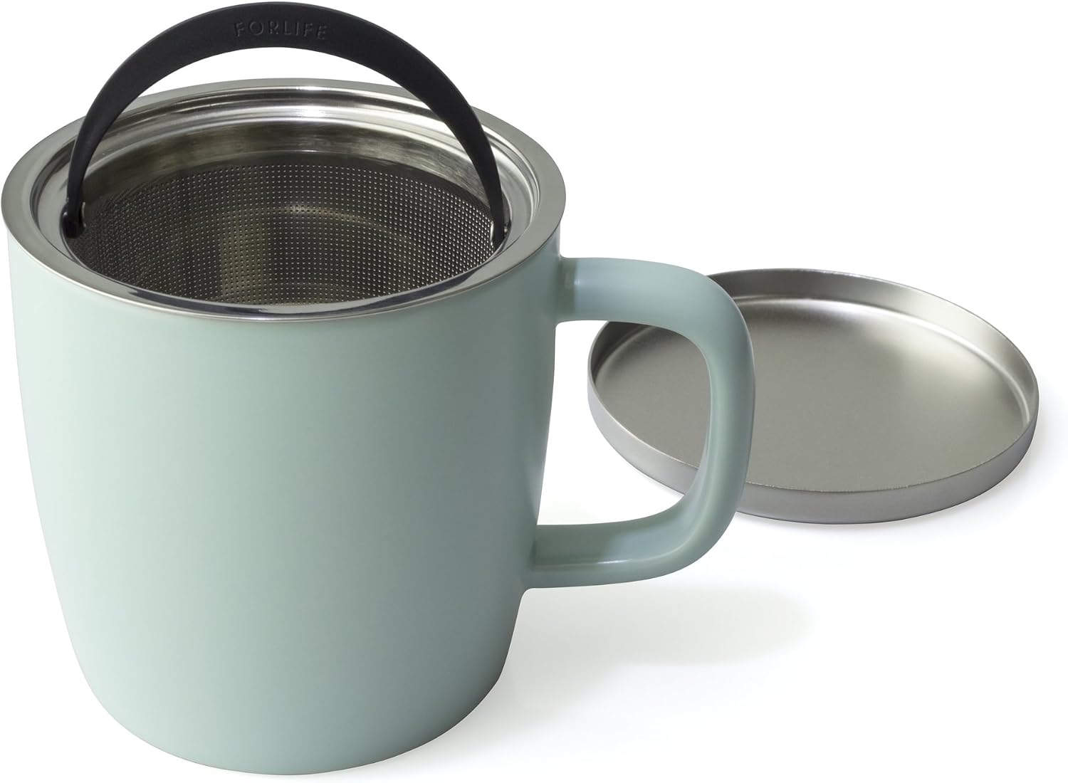 FORLIFE Dew Satin Finish Brew-In-Mug with Basket Infuser & Stainless Lid 11 oz. (Minty Aqua)