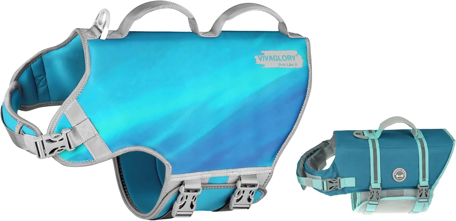 VIVAGLORY + Neoprene Dog Life Vest + Rip Stop Dog Swim Vest, Lightweight & Buoyancy, Puppy Life Jacket for Swimming & Boating