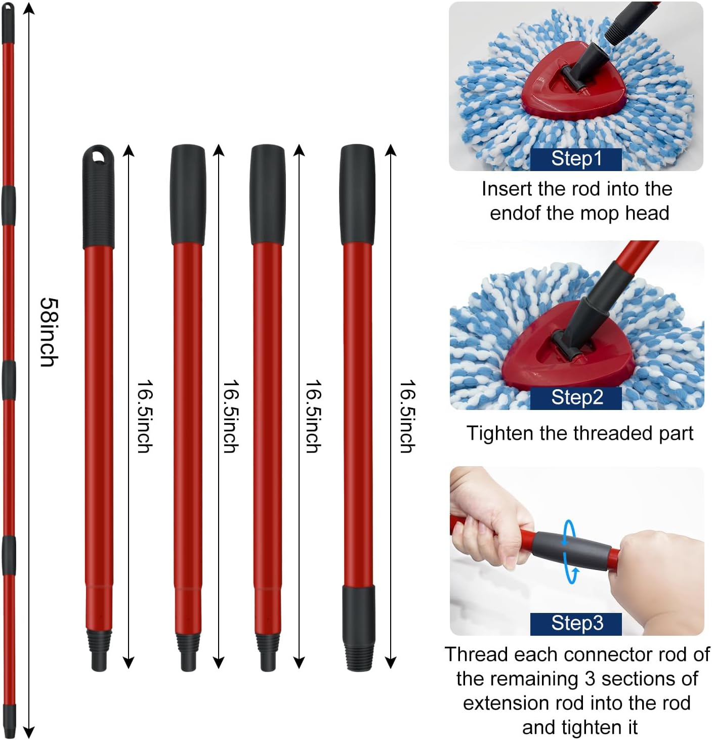 GFRED Spin Mop Handle Replacements for Oceda 4-Section Mop Replace Handle Compatible with O-Ceda Spin Mop Refills and Brooms, Adjustable 30" to 58" O cedar Mop Stick to Floor Clean,Iron Hanlde