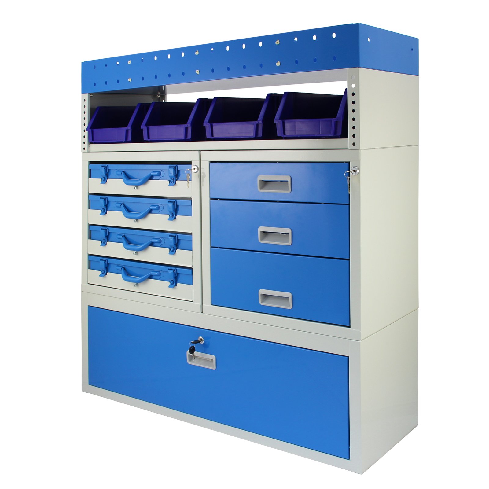 Monster Racking – Rayonnage Métallique Storm pour Fourgons et Voitures Utilitaires, Unité de Rangement Métallique Couleur Gris et Bleu pour Atelier et Garage 101,6cm x 117,8cm x 36cm