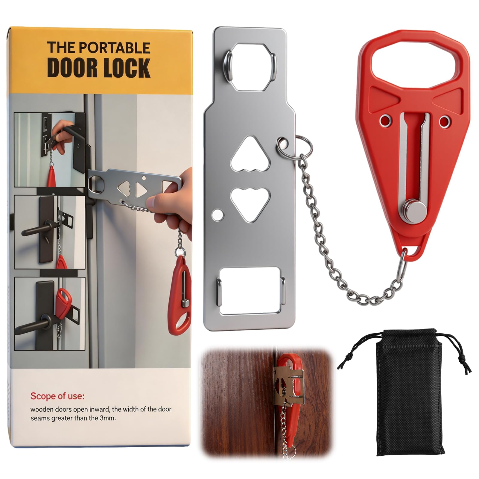 Portable Door Lock, Travel Door Lock for Extra Security Home Safety – Easy to Install Privacy for Hotel Apartment Dorms and Airbnbs Anti Theft for Travelling Safety Privacy Protection