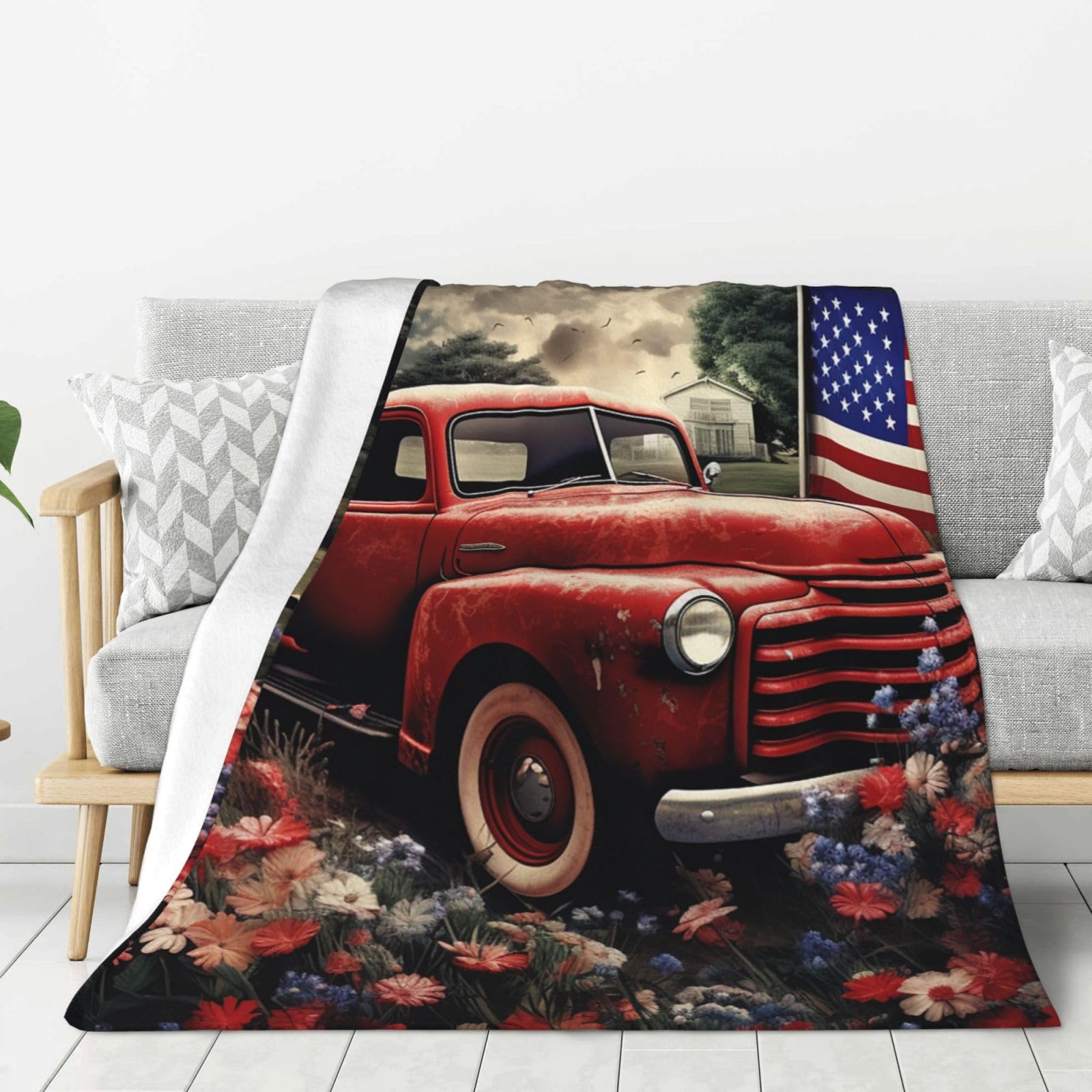 Couverture en flanelle vieux camion rouge idée cadeau maison et voyage