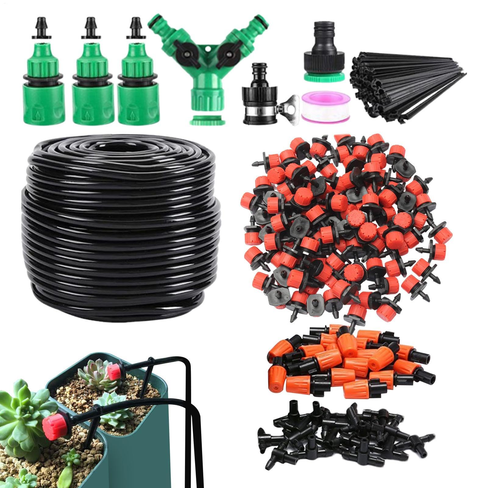 Kits Riego Por Automático 50 Metros De Tubo De Distribución | De Riego Con Conexión Rápida Para Jardín para Jardín Césped Invernadero Interior Cama Elevada Flor Vegetal Granja