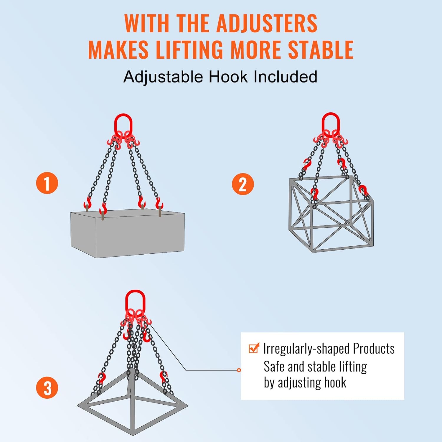 VEVOR Chain Sling, 5/16 Inch X 5 Ft Lifting Chains with Hooks, G80 Engine Chain Hoist Lifts, 11000LBS Lifting Sling Chains for Engine Hoist, Engine Lift Chain 5T with 4 Leg Grab Hooks and Adjusters - Image 4