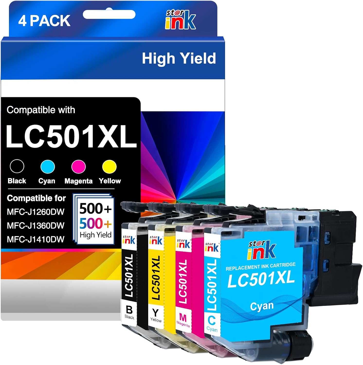 Starink LC501XL Ink Cartridges for Brother Printer Compatible for Brother LC501 Ink Cartridges LC501XL LC501 XL Fit for MFC-J1360DW MFC-J1410DW MFC-J1260W Printer -4 Pack Black Cyan Magenta Yellow