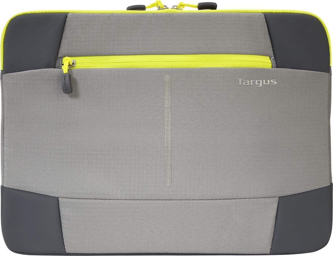 Targus Bex II Protective Sleeve, Durable Weather-Resistant with Front Cargo Pocket for Charger Cables, Padded Slipcase for 14-Inch Laptop, Gray/ Spring Yellow (TSS878)