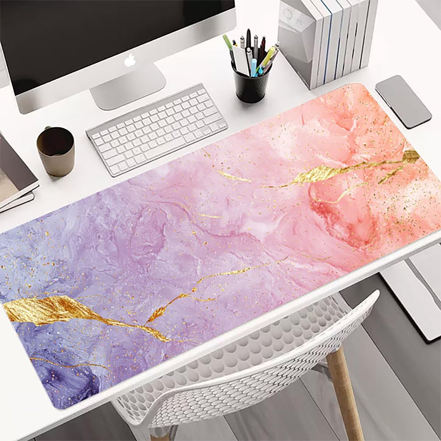 Lpfieonn Marmormuster Großes Schreibtischunterlage, XXL Schreibtischunterlagen, Rosa XXL Wasserdicht Gaming Mousepad mit Vernähter Rand und Rutschfeste Gummibasis, für Hause/Büro 120x60cm PF-2353