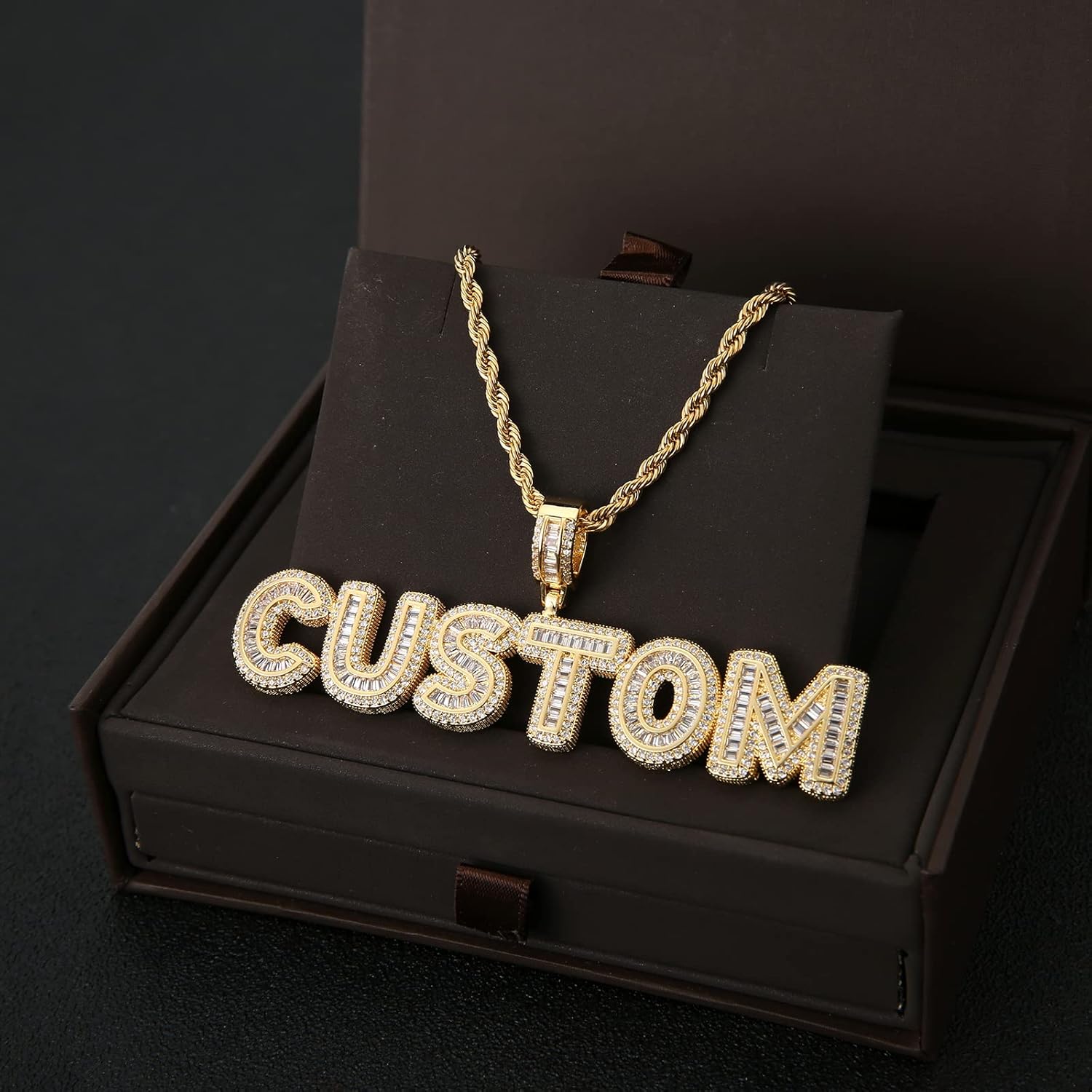 HIPBLING Custom Chain Iced Out Name Pendant Letter Necklace Personalized Diamond Jewelry with 24inch Rope Chain Rose Gold Silver Hip Hop Necklace Gift for Women Men