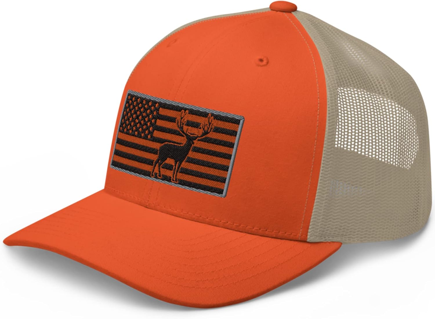 Gunner Gear Deer Hunting Hat for Men Blaze Orange American Flag Buck Authentic Yupoong 6606 Snapback Trucker Hat