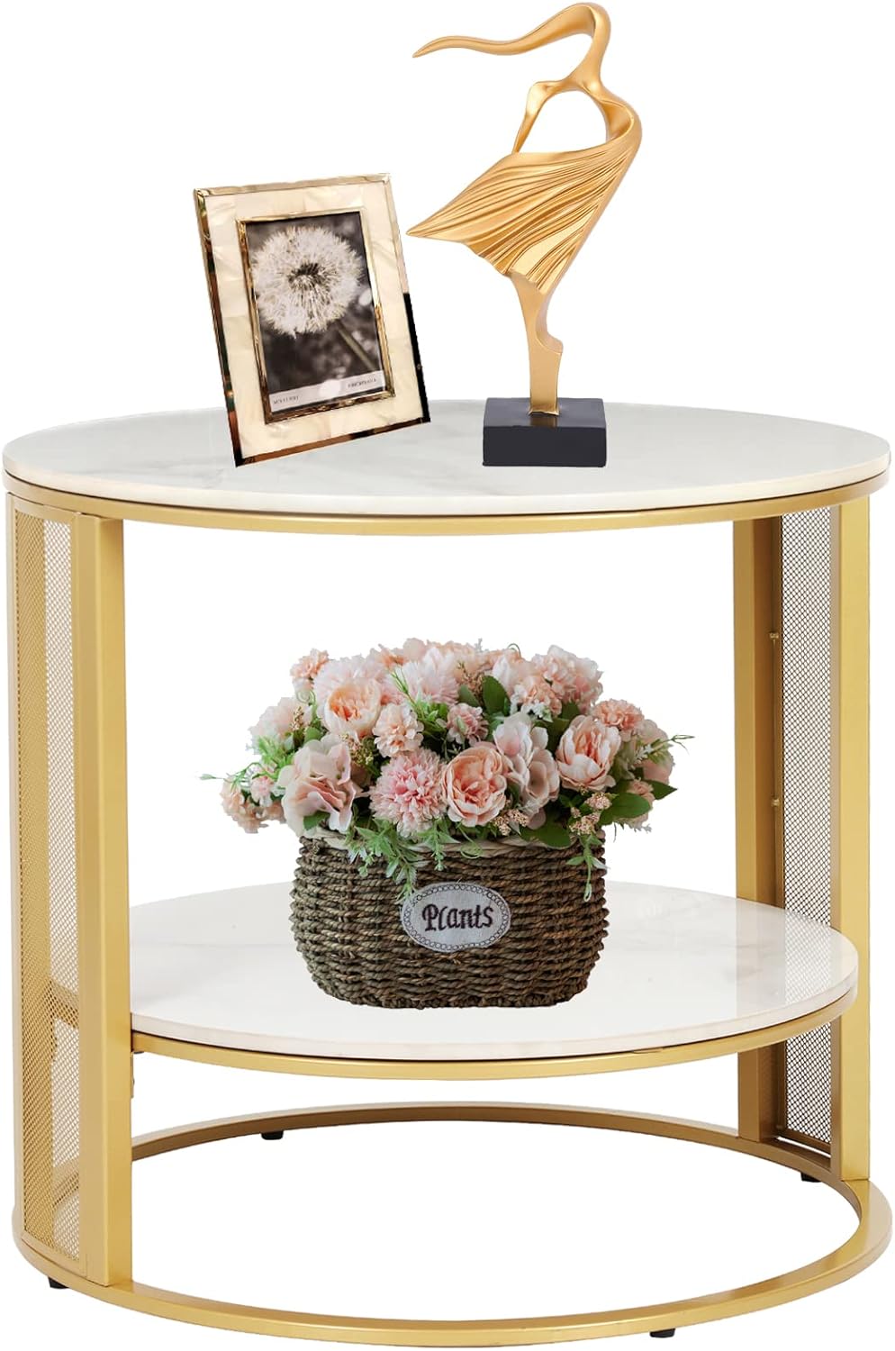 FATIVO Marble Top Side Table Gold 2 Tier Round Shape Small Coffee