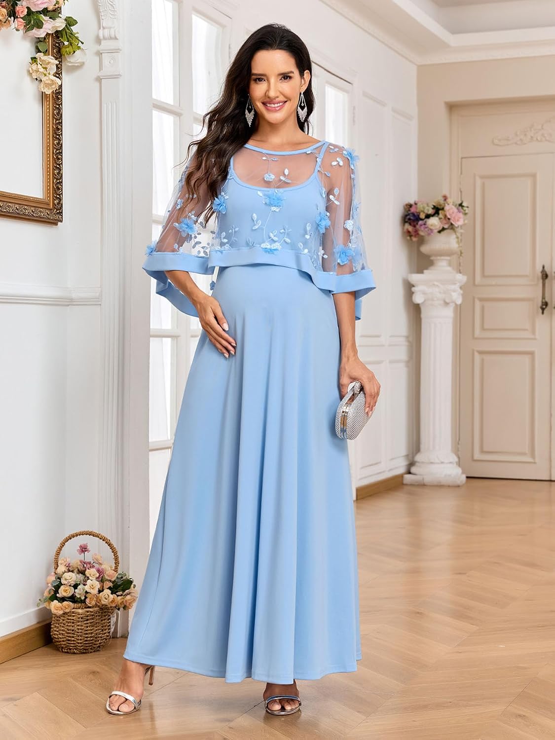 AISWI 2PCS Maternity Dress with 3D Floral Mesh Cape Flowy A-Line Maxi Evening Gown for Baby Shower Photoshoot Formal