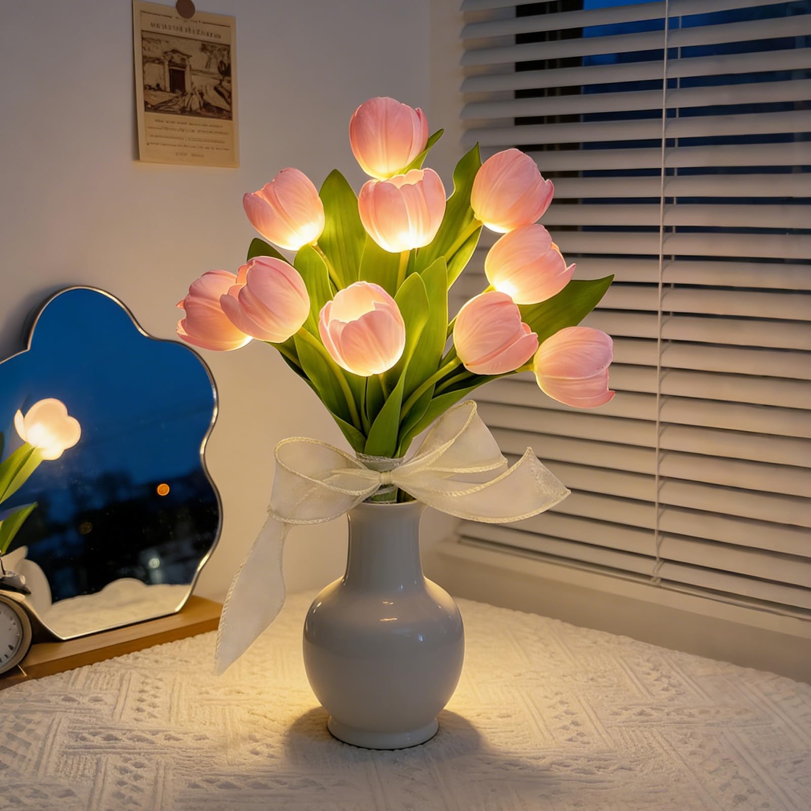 AWSOLAR 10PCS Pink Tulip Light, Battery Powered Tulip Lamp, Forever Tulips Bouquet for Home, Office, and Wedding Decor