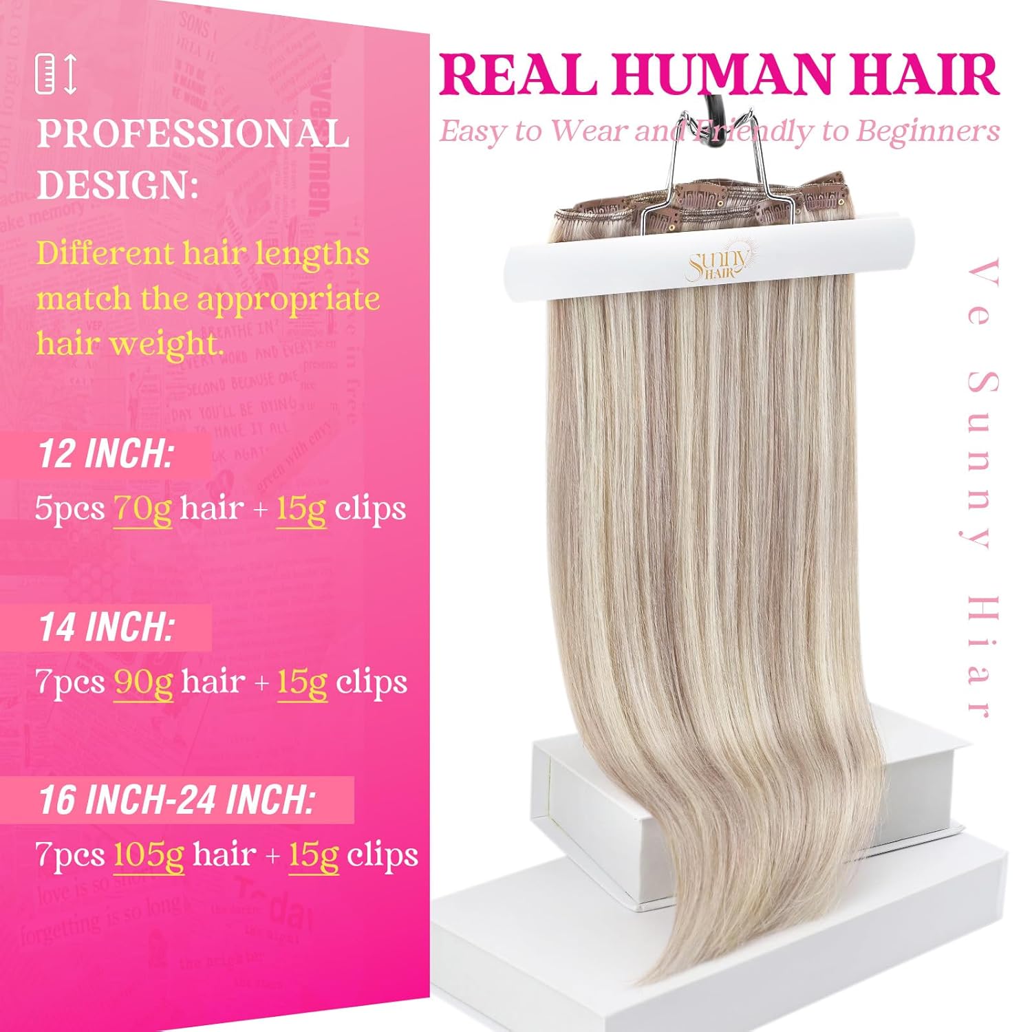 Ve Sunny Human Hair Clip in Extensions Blonde Highlight Bleach Blonde Real Human Hair Extensions Clip ins for Thick Hair 105g 7pcs 14 Inch