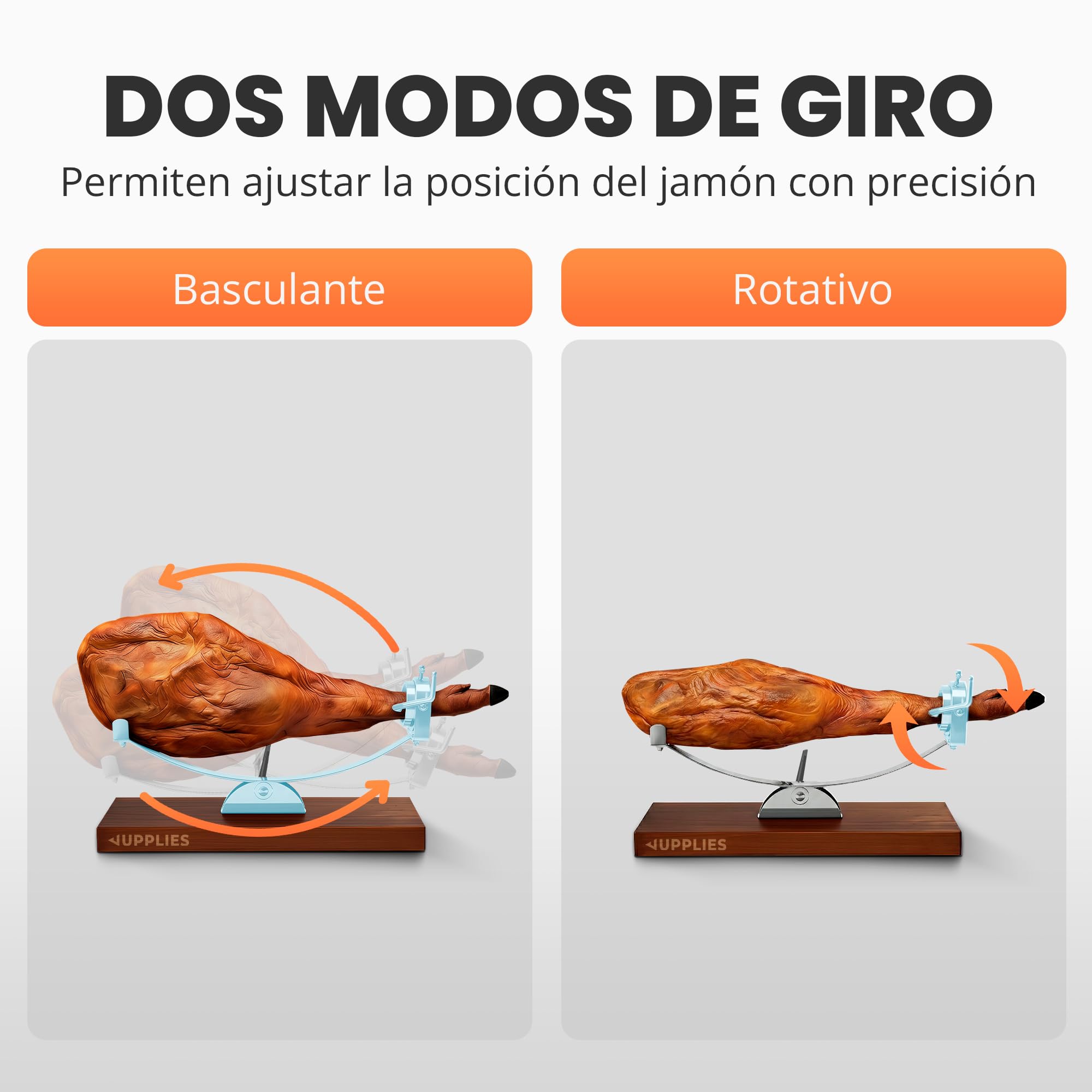 JUPPLIES Jamonero Acero Inoxidable con Base de Bambú + Cuchillo 240mm + Afilador y Cubre Jamón | Soporte Jamonero Vertical Basculante, Rotatorio y Antideslizante | Tabla de Jamón Profesional