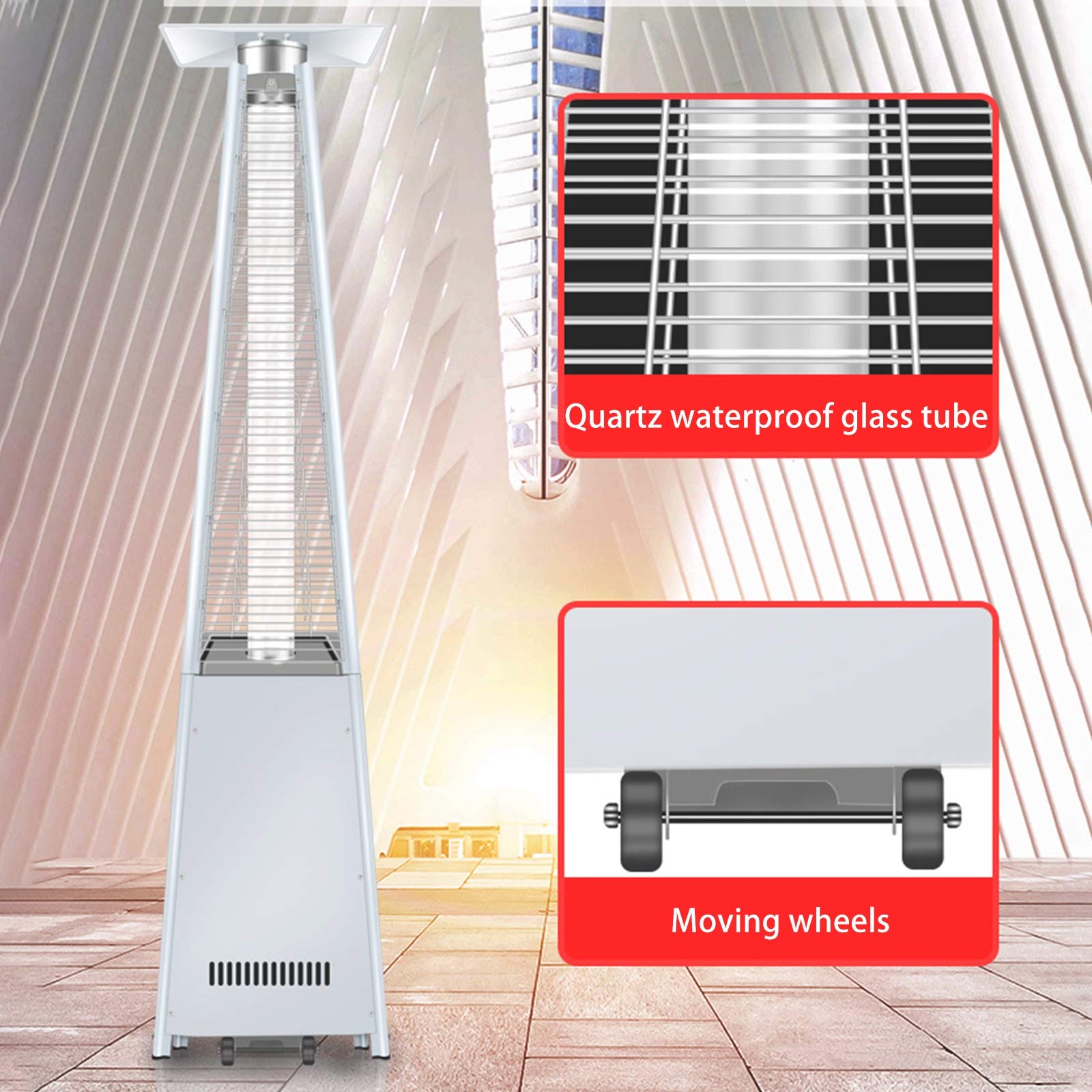 Stufa a piramide per patio, 42000 BTU, riscaldatore a propano per esterni, con ruote e tubo in vetro al quarzo, per interni ed esterni