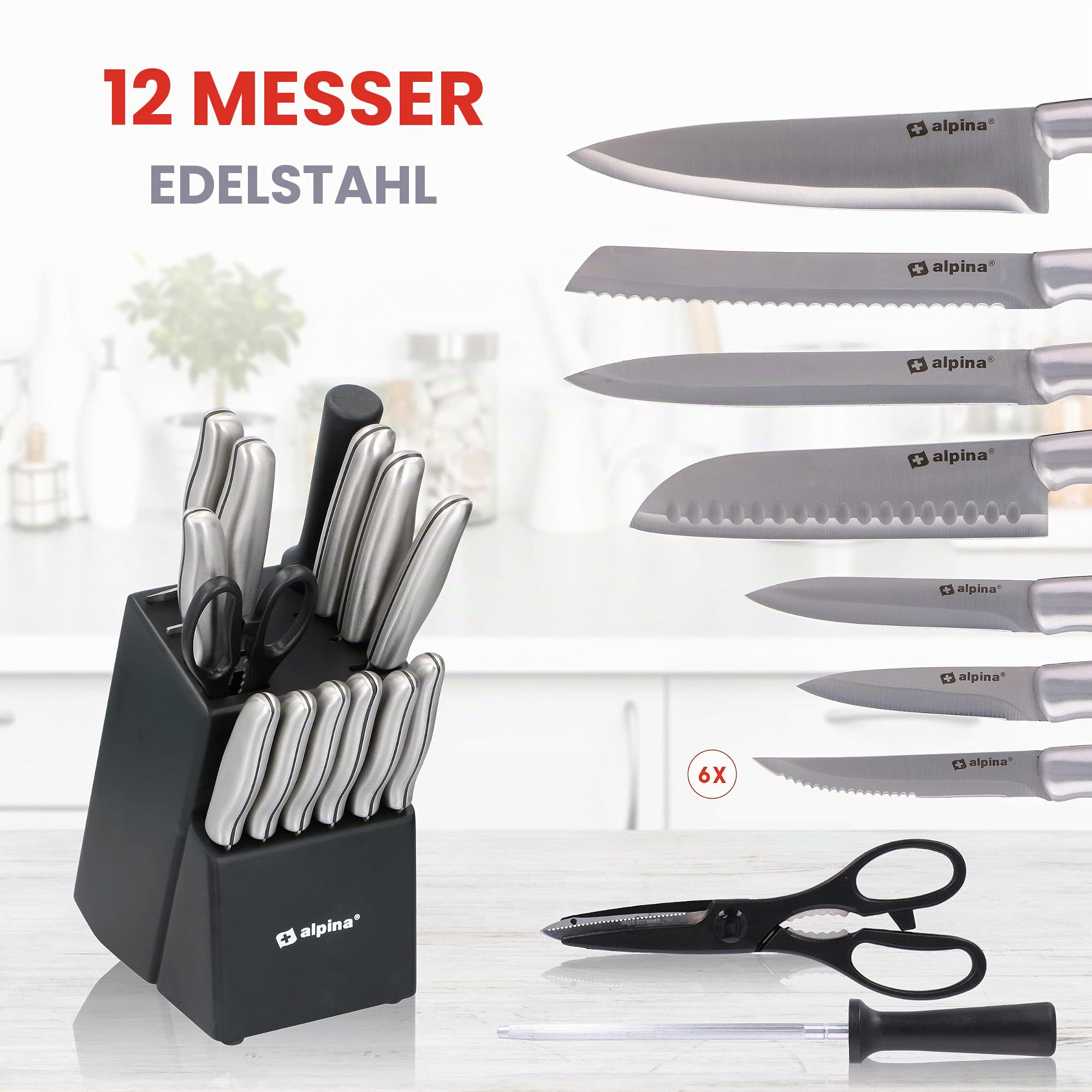 alpina Messerblock 15-Teilig - Messerset mit Block - Küchenmesser Set - 12 Verschiedener Messer - Inkl. Schärfer und Schere mit Antihaftbeschichtung - 29 x 13 x 35 CM - Edelstahl