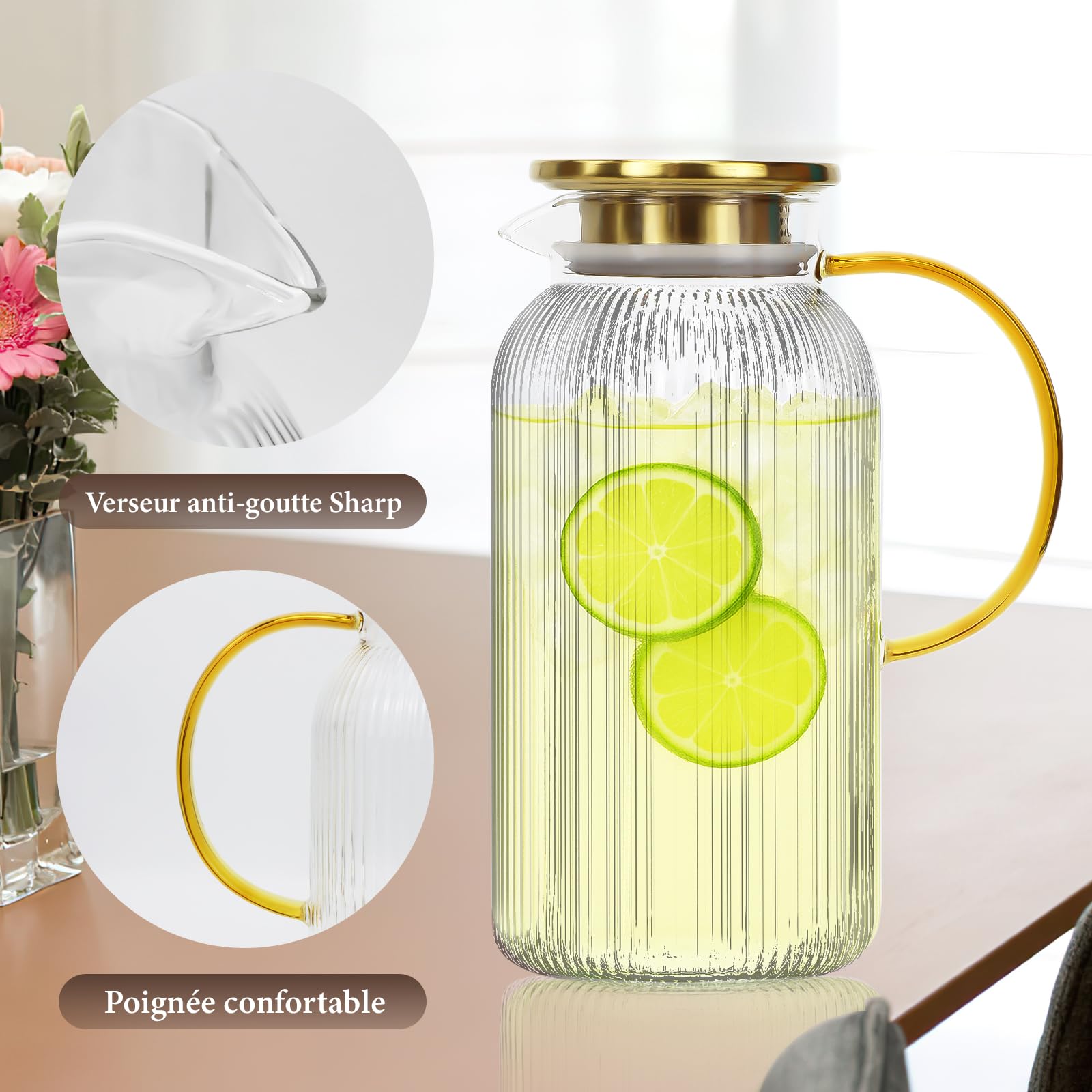 Lot de 2 Carafes en Verre Borosilicate Nervuré, 2 L avec Couvercles